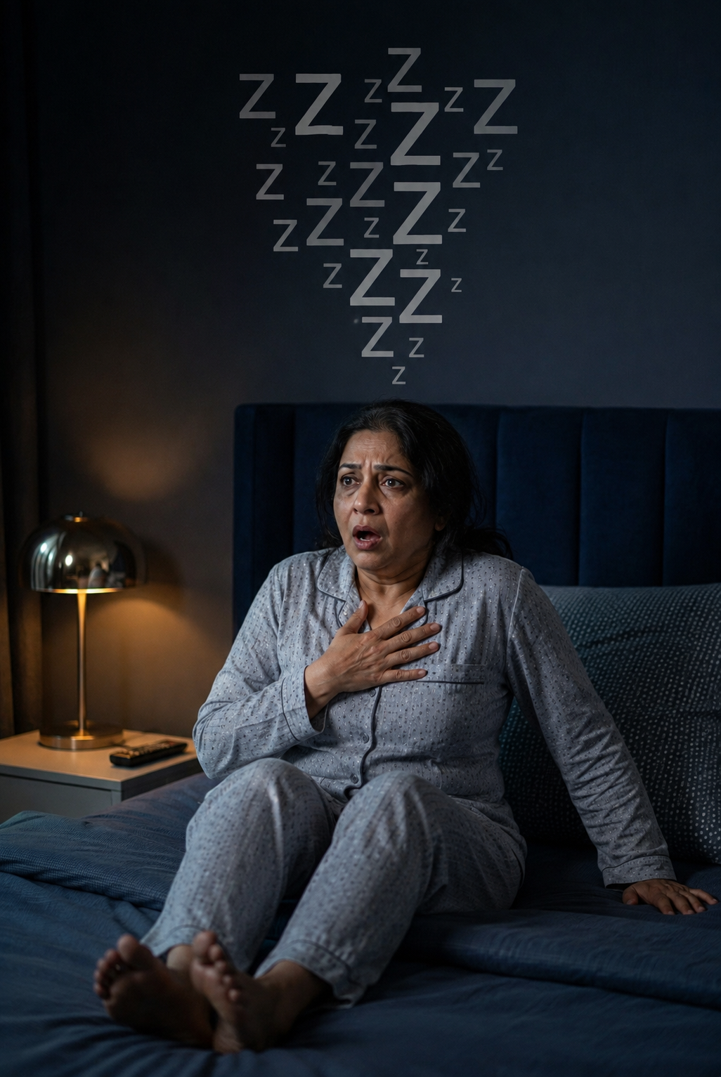 Man sitting up abruptly in bed, gasping for air